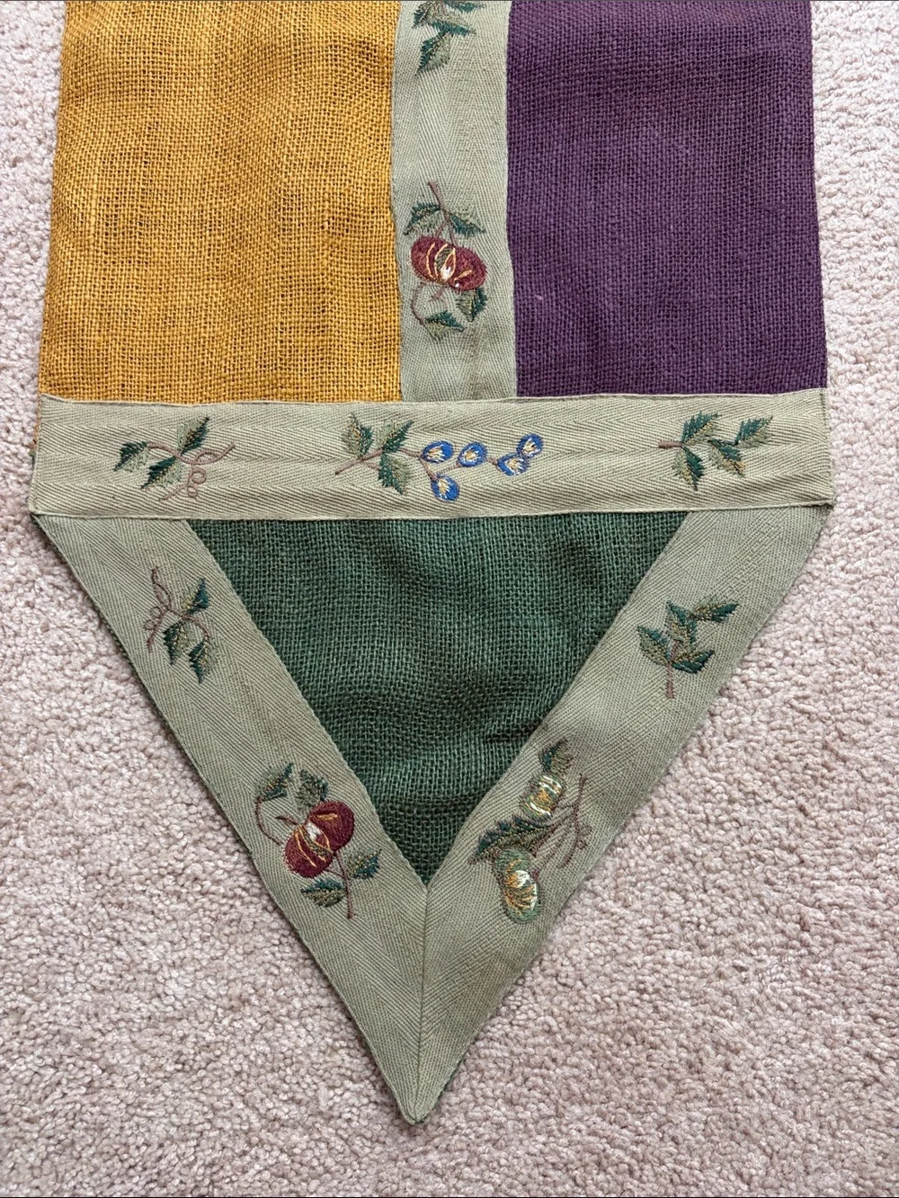Pier 1 Import Y2K VTG Macintosh Patchwork Burlap Table Runner 14x72 Fall Autumn